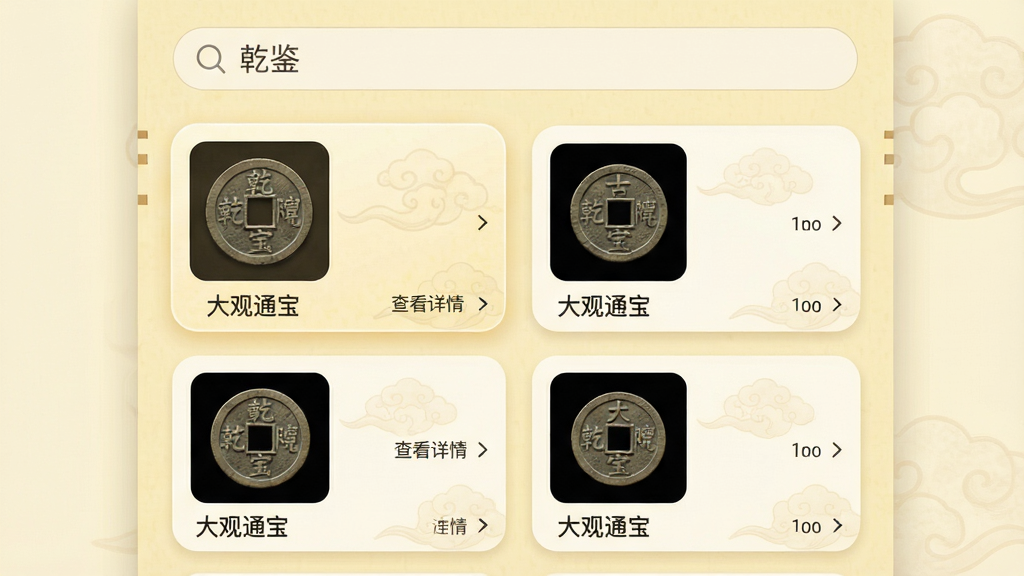 主体:乾鉴APP的知识库浏览页面,瀑布流展示各类古钱币卡片,每张卡片包含钱币图与名称。布局:上方搜索栏有“乾鉴”字样,下方两列网格排列卡片,首张卡片高亮显示“大观通宝”。排版:图标统一圆角矩形,文字清晰,界面底色为淡黄色营造古籍感。风格:扁平化设计结合适度拟物纹理,雅致大方。细节:每张卡片右侧有“查看详情”箭头,背景有淡淡祥云纹路。画质:柔和光线,画面干净,无杂乱元素。