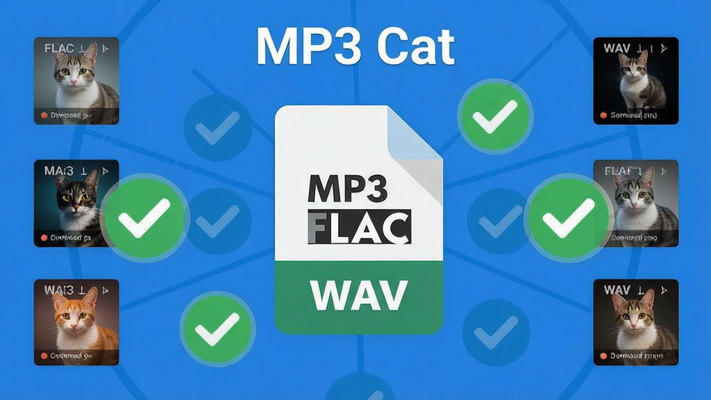 չʾ��MP3 Cat����������ʾ��ͼ������Ϊ�Ŵ�������ļ���ʽͼ�꣬����MP3��FLAC��WAV�ȣ���Χ������������ɵ���ʾ�Թ�������Ϊ���ĶԳƣ��Ű����������ƫ���ƽ����ƣ�ϸ�ڴ��и�����������ͼ��׺�����ʸɾ��������޶������