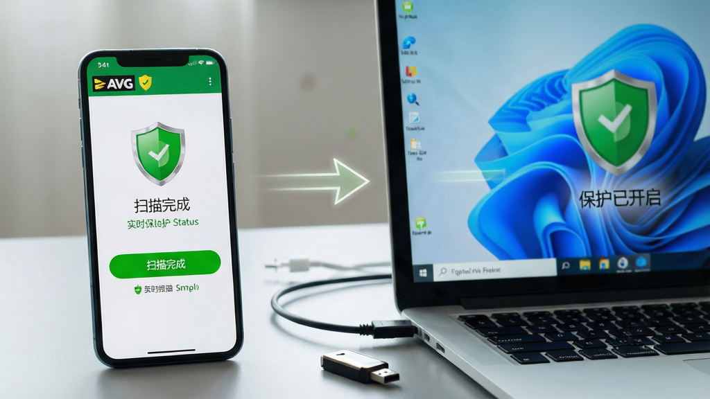 ���壺һ�������ֻ���Ļ��ʾAVGɱ��������׿����棬������ɨ�谴ť��ʵʱ����״̬���Ա߷��űʼǱ�������ʾWindows����棬�γ�˫�豸����Ч�������֣��ֻ�λ����࣬����λ���Ҳ࣬����Ϊǳ��ɫ���棬������Ȼ���Ű棺�ֻ������еĶ���ͼ���������Ļ�еĶ���ͼ���໥��Ӧ�����������������ҡ����дʵ��Ӱ����豸�ʸ�ϸ�壬��Ļ����������ϸ�ڣ��ֻ���Ļ����ʾ��ɨ����ɡ���ɫ���֣�������Ļ��ʾ�������ѿ����������������е�Դ�ߺ�U�̡����ʣ����壬�ɾ��޶���Ԫ�ء�