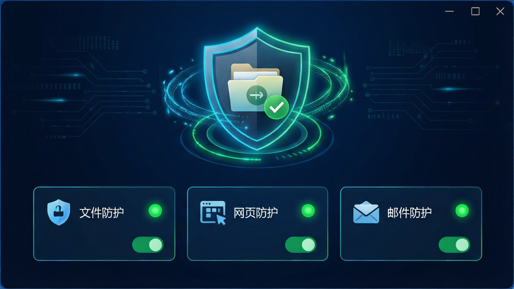 ���壺AVGɱ��������ʵʱ�������ܽ��棬��ʾһ������ɨ����ļ���ͼ�꣬��Χ�ж�̬���ƹ�â���·��г����ļ�������������ҳ�����������ʼ���������������ѡ������ڿ���״̬�����֣�������У�����Ϊ����ɫ�Ƽ�����������ͼ��λ���Ϸ�����λ�á��Ű棺�����б��Կ�Ƭʽ�������У�ÿ����Ƭ�ж���ͼ���״ָ̬ʾ�ơ�����ִ���ȫ����UI�����ɫ���������޺����̹��ߣ�ͻ���Ƽ����밲ȫ�С�ϸ�ڣ����Ʊ�Ե��ϸ�ܵĹ�Ч������ɨ���ļ�ͼ�������ɫ�Թ���״ָ̬ʾ��Ϊ����ɫ�����ʣ������壬�ɾ��޶���Ԫ�ء�