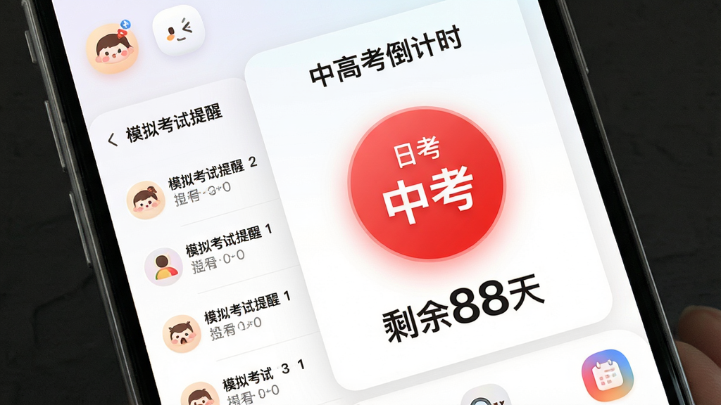 展示“中高考倒计时”软件的手机端日历视图,主体为高亮红色圆形标记的中考日期,下方有“剩余88天”的加粗数字,左侧列表显示模拟考试提醒事项,页面采用上下布局,风格为浅色极简,功能图标圆润可爱,细节包含细腻的渐变底色与清晰的文字排版,画质干净,无多余元素。