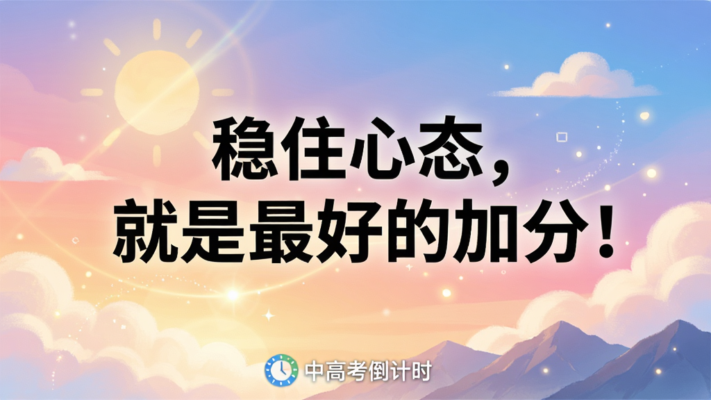 创作一幅手机锁屏壁纸风格图,主体为一句加粗的励志语录“稳住心态,就是最好的加分!”印在渐变色天空背景上,背景中有太阳、云朵和远处的山峰,文字位于画面中央偏上,底部有“中高考倒计时”软件小水印,整体风格唯美治愈,细节包含光晕与粒子效果,画质高清干净,无多余元素。