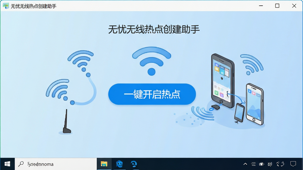 主视觉画面展示无忧无线热点创建助手在Windows桌面上的运行界面,界面简洁现代,中央有醒目的「一键开启热点」按钮,背景为浅蓝色渐变,配以WiFi信号图标和手机连接设备的卡通插图,整体风格干净明亮,画质清晰,无多余元素,文字标识显示