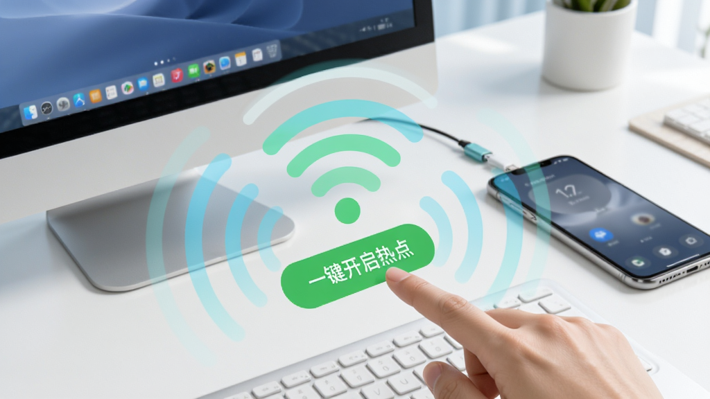 展示无忧无线热点创建助手一键开启热点的操作画面,手指点击屏幕上的「一键开启热点」绿色按钮,周围有WiFi信号发散动态效果,背景为桌面电脑与手机连接场景,构图清晰,风格明亮,画质干净,无多余元素。