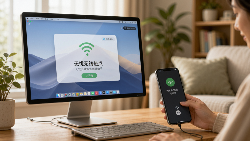 无忧无线热点创建助手在电脑端使用时的场景,屏幕显示热点已开启,旁边手机连接成功,画面温馨,背景为家居环境,风格自然,画质清晰,无多余元素。