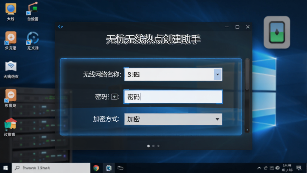 无忧无线热点创建助手自定义设置界面,显示无线网络名称、密码输入框、加密方式下拉菜单,界面有蓝色高亮选中状态,背景为电脑桌面与网络开关图标,构图规整,风格专业,画质干净。