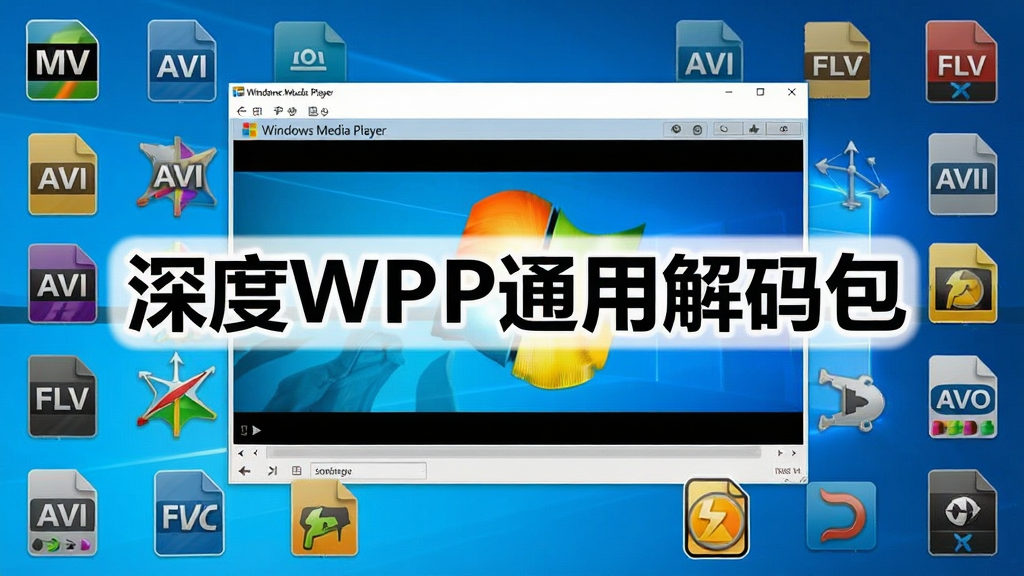 场景为一台运行中的Windows电脑屏幕,屏幕上Windows Media Player界面正在播放高清影片,画面清晰色彩鲜艳,界面周围环绕着各种视频格式的图标如MKV、AVI、FLV等,整体布局简洁,风格现代科技感,细节丰富,画质干净,无多余元素,图片中央有文字“深度WMP通用解码包”预览图