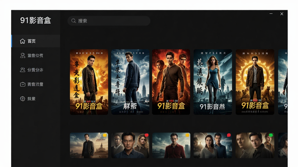 91影音盒主界面预览图,现代简约风格,深色背景,中间展示热门电影海报墙,左侧分类导航栏,顶部搜索框,整体布局清晰,高清画质,色彩鲜艳,文字标识