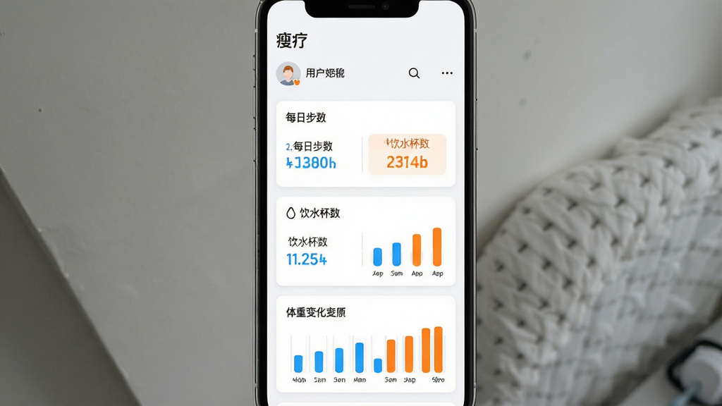 一张手机应用内嵌的周报分享长图样张,主体为“瘦疗”生成的用户一周健康周报卡片,包含每日步数、饮水杯数及体重变化迷你柱状图。布局采用纵向信息流排列,顶端有“瘦疗”字样与用户昵称,风格简约商务,背景为浅白色,重点数据以蓝色与橙色高亮,画质干净无多余元素