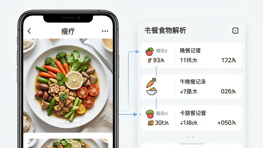 一张“瘦疗”应用功能展示图,主体为手机截图界面,展示午晚餐食物记录详情列表,配有食材小图标与卡路里数字。图片布局采用分屏方式,左侧为食物照片,右侧为对应数据解析,排版清爽。风格写实明亮,强调食物与数据的对应关系,细节丰富,画质干净无多余元素