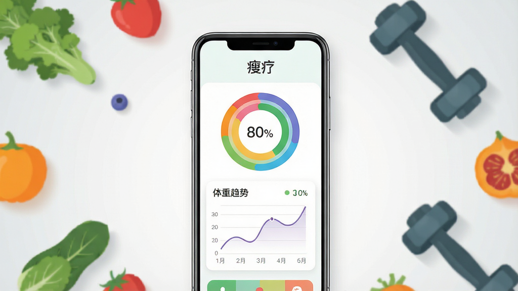 一幅现代简约风格的手机应用宣传主视觉图,主体为一部亮屏的智能手机,屏幕中清晰显示“瘦疗”应用主界面,界面包含彩色环形图表与体重趋势曲线。画面布局以手机为中心,四周搭配新鲜蔬果与运动哑铃等元素,排版错落有致,背景为干净的浅灰渐变。整体风格扁平清新,细节丰富,画质干净无多余元素