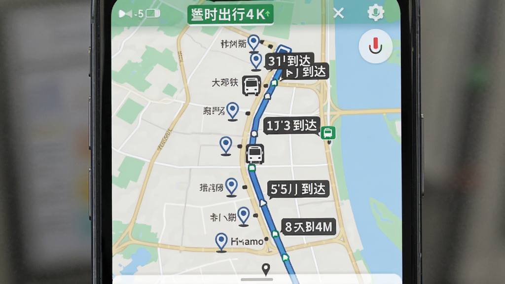 展示公交地铁出行通查实时公交追踪功能的截图,主体为手机屏幕上的地图界面,显示公交车图标沿线路移动,布局以地图为中心,排版简洁,风格写实,细节包括站点标记和预计到达时间标签,画质清晰,干净,无多余元素