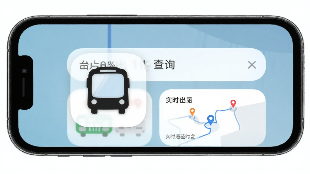 图片展示公交地铁出行通查在主屏幕上的应用图标和简洁的界面预览,主体为手机屏幕展示应用主界面,布局居中,排版清晰,风格现代简约,细节包括线路查询框和实时公交位置,画质高清,干净,无多余元素