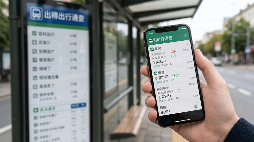 展示公交地铁出行通查在手机上的使用场景,主体为手拿着手机在公交站牌旁查询,布局采用三分法,排版自然,风格生活化,细节包括手机屏幕显示实时公交信息和背景站牌,画质高清,干净,无多余元素