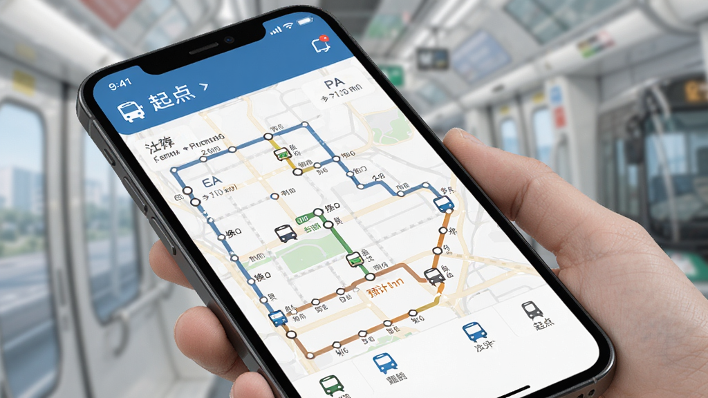 展示公交地铁出行通查路线规划功能,主体为手机应用界面显示从起点到终点的多条推荐路线,布局上下结构,排版清晰,风格扁平化,细节包括换乘站点和预计时间,画质高清,干净,无多余元素