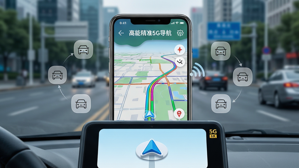 主体:智能手机屏幕展示高能精准5G导航主界面,界面显示高清地图与实时路况线条,前景有汽车导航仪特写。布局:手机居中,屏幕内地图清晰,周围有简洁的交通图标悬浮。排版:手机屏幕正面展示,背景为模糊的城市道路实景。风格:科技感、明亮、写实。细节:地图上标注“高能精准5G导航”字样,路况颜色鲜艳,手机边缘有5G信号图标。画质:8K,超清,干净,无多余元素。