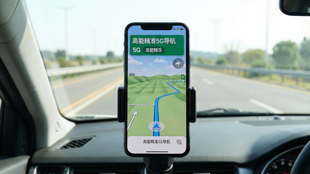 主体:一部智能手机固定在车载支架上,屏幕显示高能精准5G导航的实时导航画面,前方是开阔的公路。布局:手机位于中央,背景是驾驶视角的挡风玻璃与道路。排版:横向构图。风格:真实摄影,自然光线。细节:屏幕上有“高能精准5G导航”字样,路线清晰,环境明亮。画质:高清,干净,无多余元素。