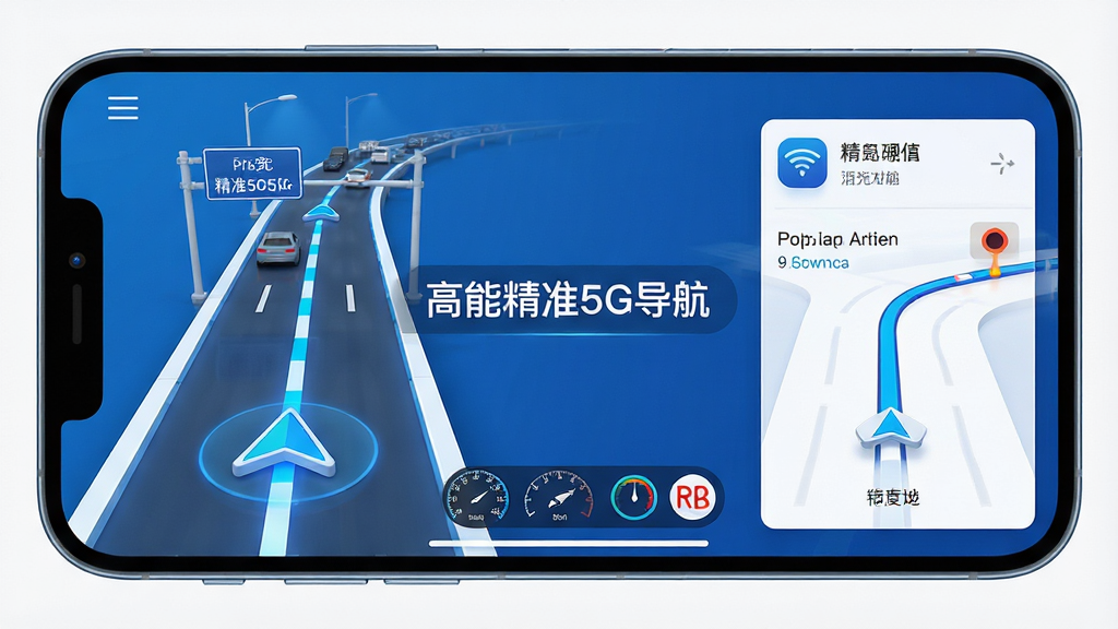 主体:手机横屏显示高能精准5G导航的车道级导航界面,画面呈现多车道3D实景模型。布局:左侧为3D车道指示,右侧为路线信息卡片,底部有车速与限速标识。排版:界面元素整齐排列,车道线清晰醒目。风格:3D渲染,高精度,科技蓝与白色调。细节:画面中央标有“高能精准5G导航”文字,路牌清晰,当前车道高亮显示。画质:超高清,干净,无多余元素。