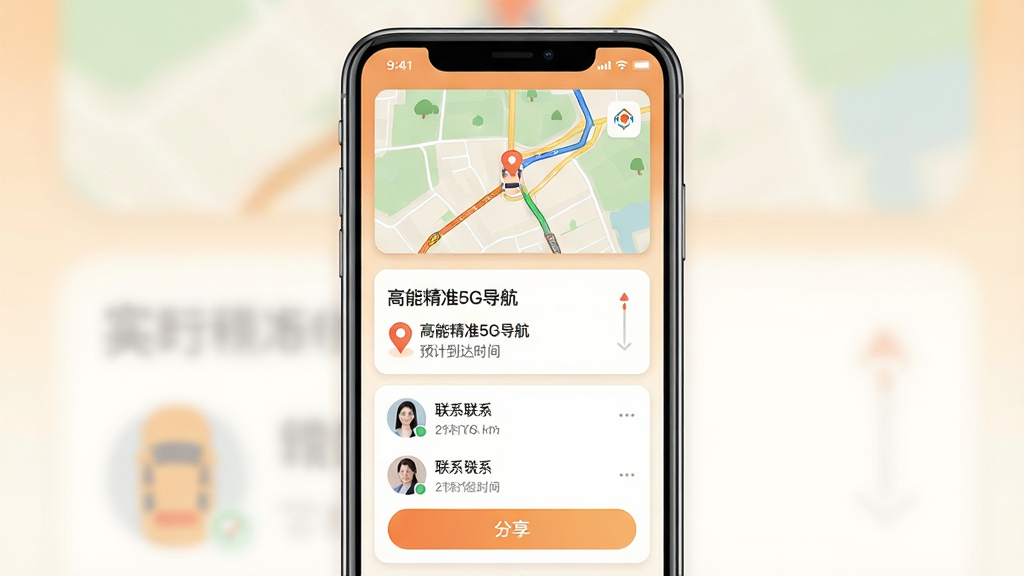 主体:手机界面显示高能精准5G导航的“行程分享”功能卡片,包含实时位置地图与预计到达时间。布局:手机屏幕居中,上方为地图缩略图,下方为联系人列表与分享按钮。排版:简洁卡片式设计,信息清晰。风格:扁平化,温馨色调。细节:地图上有车辆位置标记,卡片上写有“高能精准5G导航”字样。画质:高清,干净,无多余元素。