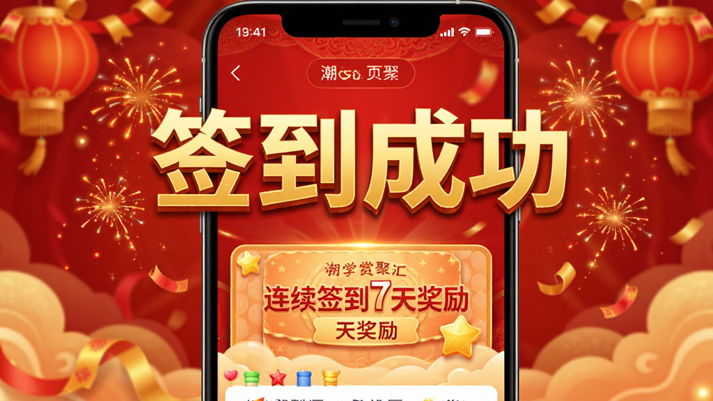 潮赏聚汇签到成功页面截图,手机屏幕中央显示“签到成功”金色大字,下方有连续签到7天奖励图标,背景采用喜庆红色与金色搭配,界面有礼花特效,整体风格明亮活泼,高清画质,干净整洁