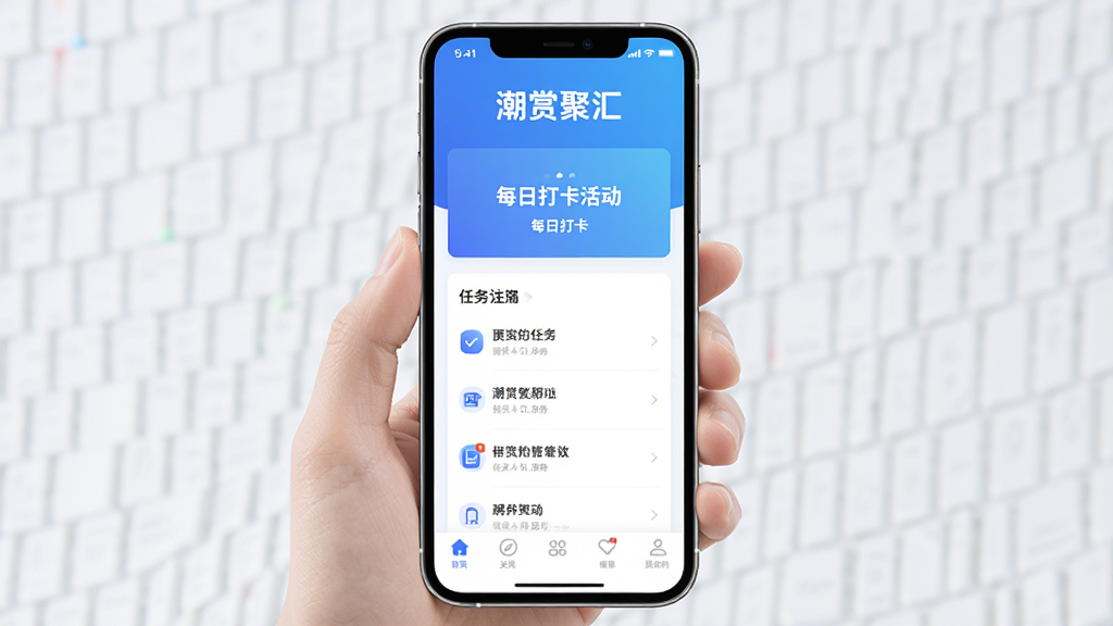 潮赏聚汇手机应用主界面展示,界面干净明亮,采用蓝色渐变主色调,顶部显示“潮赏聚汇”品牌字样,中间是每日打卡活动入口和任务列表,底部导航栏清晰,整体排版简洁现代,高清画质,干净无多余元素