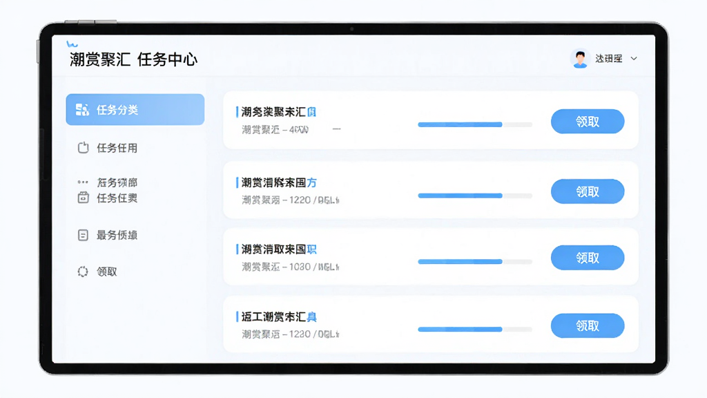 潮赏聚汇任务中心界面设计,页面左侧显示任务分类列表,右侧展示具体任务项,每个任务右侧有进度条和领取按钮,整体配色以浅蓝色和白色为主,界面清晰明了,现代简约风格,高清画质,无多余元素