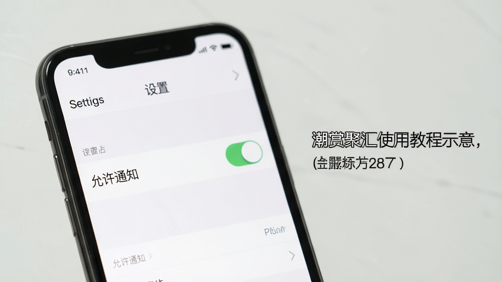 潮赏聚汇使用教程示意,手机屏幕上显示“设置”界面,其中“允许通知”开关处于开启状态,旁边配有文字说明,背景简洁,画质清晰,无多余元素
