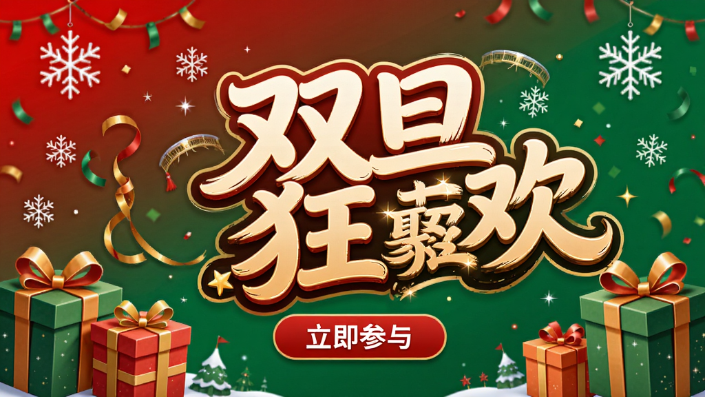 潮赏聚汇节日活动推广横幅设计,画面中央是“双旦狂欢”艺术字,周围点缀雪花和礼盒图案,背景采用红绿渐变色调,下方有“立即参与”按钮,整体构图喜庆热闹,活动氛围浓厚,高清画质,无多余元素