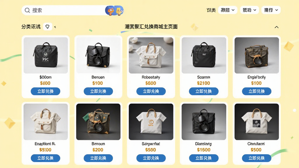 潮赏聚汇兑换商城主页面,页面以淡黄色为背景,商品卡片整齐排列,每个商品下方标有积分价格和“立即兑换”按钮,顶部有搜索栏和分类筛选,整体风格清新商务,高清画质,无多余元素