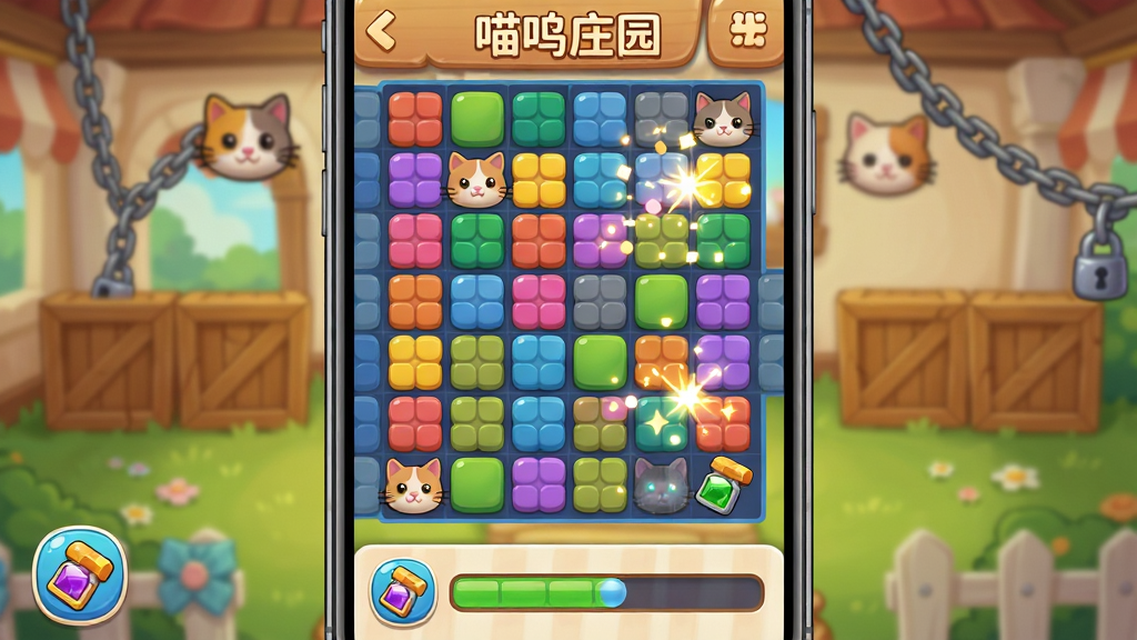 画面主体为手机游戏场景,界面上半部分为彩色方块消除棋盘,下半部分为关卡进度条。布局采用竖向构图,棋盘居中,左右有道具图标。排版清晰,方块排列整齐,消除特效为闪光粒子。风格为明亮卡通,背景是模糊的庄园内景,细节包括猫咪头像的障碍物、木箱、锁链。画质要求高清、干净无多余UI元素,界面中显示“喵呜庄园”字样。