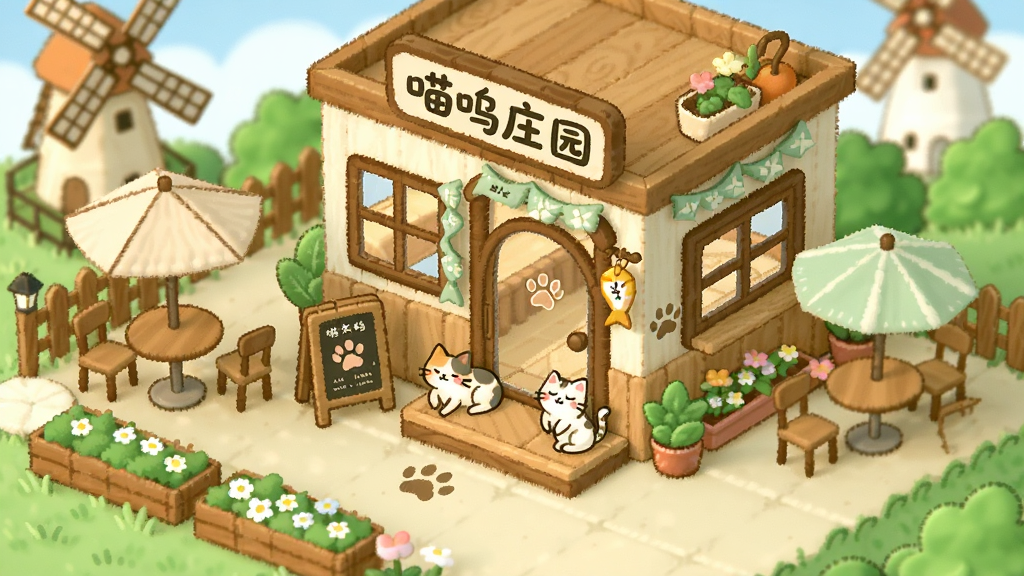 画面主体为玩家自定义的庄园一角,展示新建成的猫咪咖啡馆,门口有两只猫咪在晒太阳。布局采用斜45度角俯视,咖啡馆位于画面中央,周围有桌椅、遮阳伞和绿植。排版上强调空间层次感,前景有花坛,背景有风车。风格为清新治愈系手绘,色彩柔和,细节包含木质纹理、猫咪脚印、挂着小鱼干的招牌。画质要求细腻干净,画面中招牌上写“喵呜庄园”四个字。
