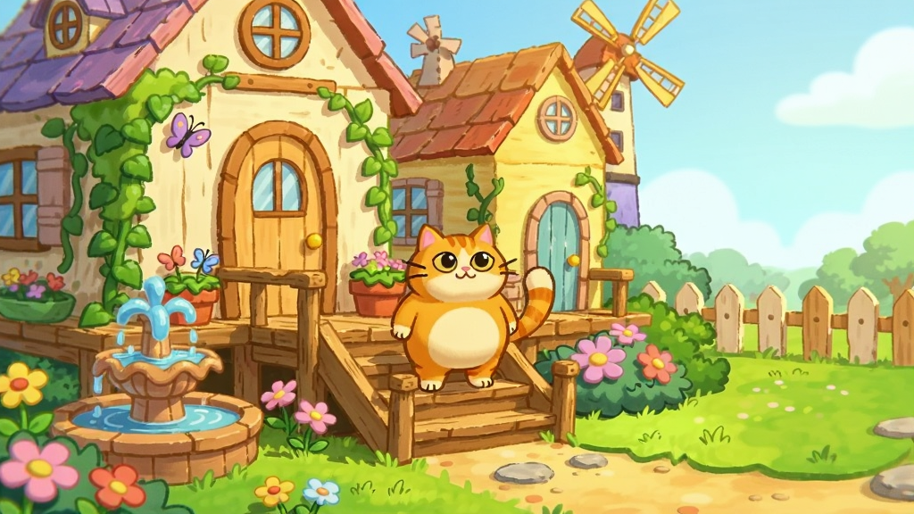 画面主体为一座充满阳光的卡通猫咪庄园全景,庄园内有一只胖乎乎的橘猫站在木质台阶上,周围有盛开的花丛、小喷泉和彩色小房子。布局采用中景平视,庄园建筑占画面左侧,右侧留出草地和栅栏。排版上以庄园中心为焦点,猫咪位于黄金分割点。风格为治愈系手绘卡通,色彩明亮温暖,细节包含藤蔓爬墙、风车转动、蝴蝶飞舞。画质要求高分辨率、干净无多余元素,画面中不出现文字。