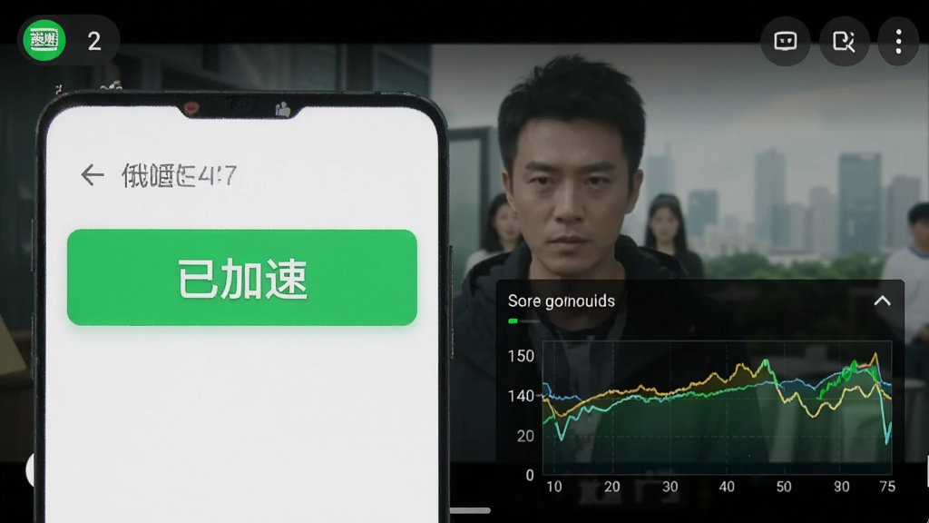 一张爱奇艺加速器在手机端运行的截图,界面上有“已加速”状态显示,以及实时网速图表,背景为爱奇艺视频播放画面,整体风格简洁明快,画质清晰,无多余元素。