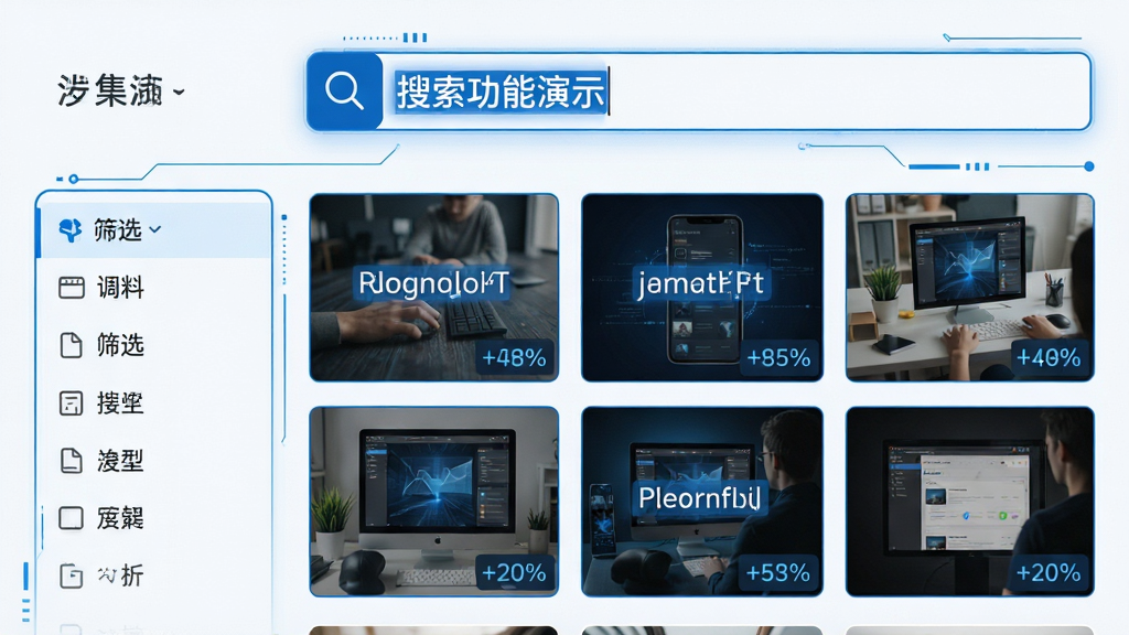 主体:有图软件的搜索功能演示,用户在搜索框输入关键词。布局:搜索框位于顶部,下方以网格展示搜索结果,左侧有筛选条件面板。排版:结果图片大小一致,排列整齐,关键词高亮显示。风格:简洁科技感,蓝色线条装饰。细节:搜索框有放大镜图标,结果图片右下角显示匹配度百分比。画质:清晰锐利,干净,无多余元素。