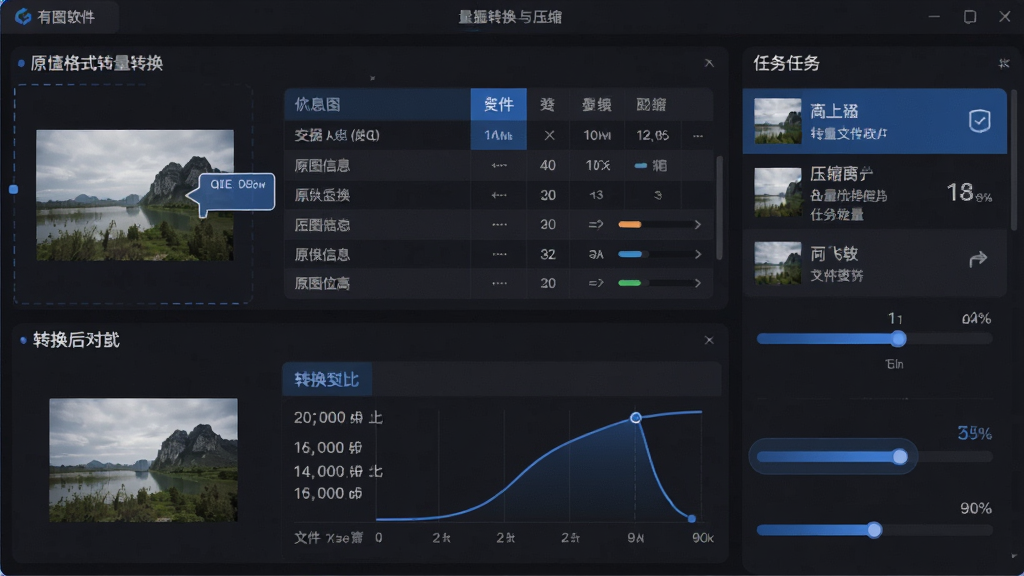 主体:有图软件进行批量格式转换与压缩操作,界面上有队列进度条。布局:上方显示原图信息,下方为转换后的对比参数,右侧有任务队列。排版:数据对比表格清晰,进度条以百分比显示。风格:专业工具风格,深色背景配蓝色高亮。细节:图片拖动到转换区域,同时显示文件大小变化曲线图。画质:高清,干净,无多余元素。