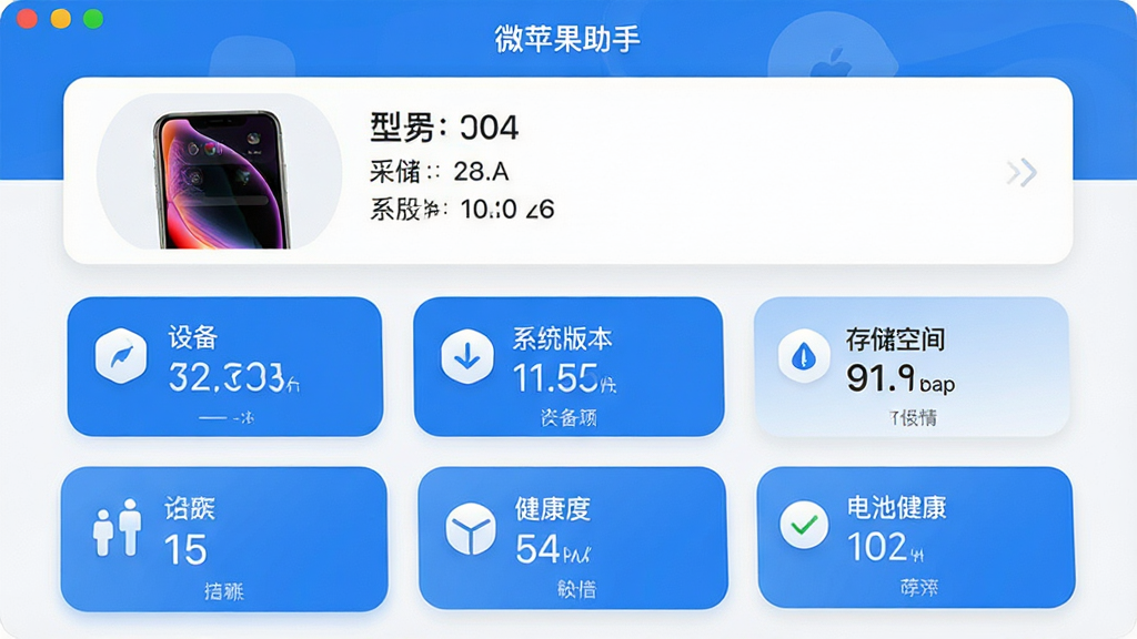 ���壺΢ƻ����������������ʾһ̨iPhone���豸����ҳ�������豸�ͺš�ϵͳ�汾���洢�ռ䡢��ؽ����ȵ���Ϣ��Ƭ�����֣�ҳ�涥��Ϊ�豸����ͼ���·�Ϊ���������Ƭ�������У��Ű棺���ݼ����������ƬԲ����ƣ����������磬������ɫ��ϸ�ڣ���Ļ����ʾ��΢ƻ�����֡�����������������ͼ���������ʽչʾ�����ʣ��߷ֱ��ʣ��ɾ����࣬�޶���װ��
