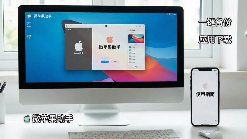 ���壺һ̨������Ļ��ʾ΢ƻ���������������棬�Ա߷���iPhone�ֻ�����Ļ���С�ʹ��ָ�ϡ����������֣��������ֻ����ţ��������࣬�����������Ű棺������ʾ�������豸������һ�����ݡ�����Ӧ�����ء��ȹؼ��ʣ����дʵ��Ӱ�����Ȼ�⣻ϸ�ڣ�������Ļ�����ɼ���΢ƻ�����֡�Logo�ͽ��棻���ʣ����壬�ɾ����������ͨ͸