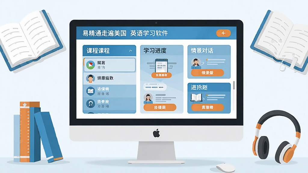 易精通走遍美国英语学习软件主界面预览图,展示课程列表、学习进度和情景对话模块,整体风格清新明亮,采用扁平化设计,主色调为蓝色与白色,搭配橙色功能按钮,电脑屏幕居中展示,周围有书本和耳机等学习元素点缀,画质清晰干净,无多余文字