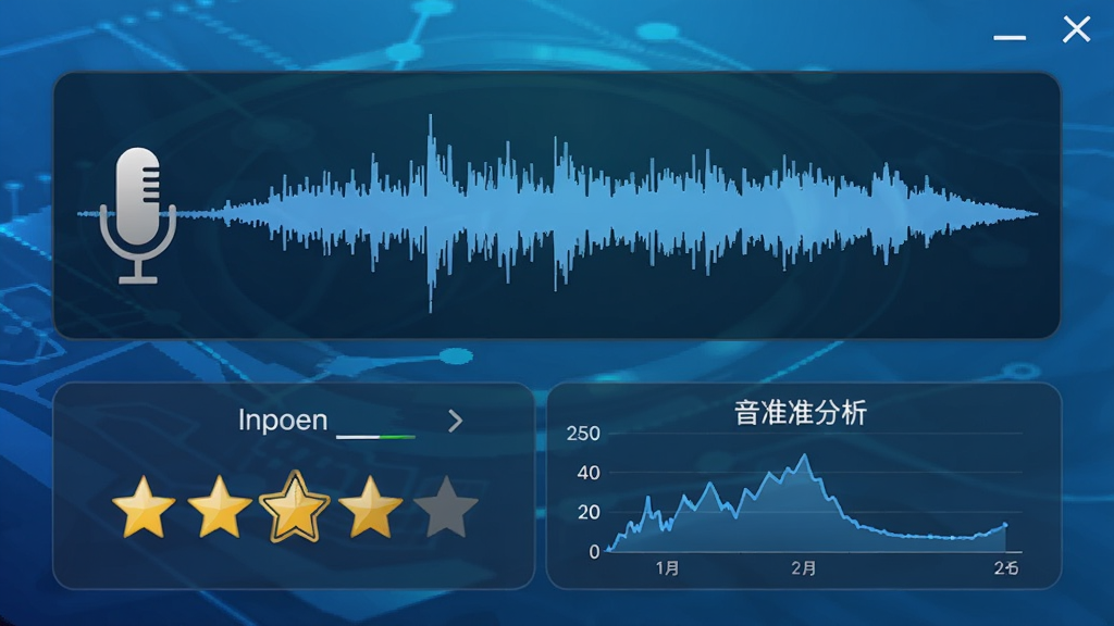 易精通走遍美国英语学习软件口语练习功能截图,界面展示麦克风输入波形图,下方有发音评分星级和音准分析图表,背景为渐变蓝色科技感风格,画质干净,突出功能细节