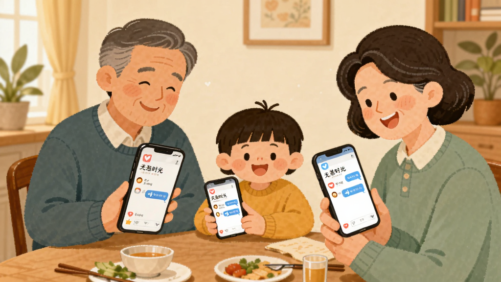 插画风格,画面主体为一家三代人围坐在餐桌旁,各自看着手机上的“无恙时光”家庭圈界面,界面显示点赞和语音气泡,人物表情开心,布局采用三角构图,背景为温馨居家场景,色彩柔和,细节丰富,图片中手机界面有“无恙时光”字样,画质干净无多余元素