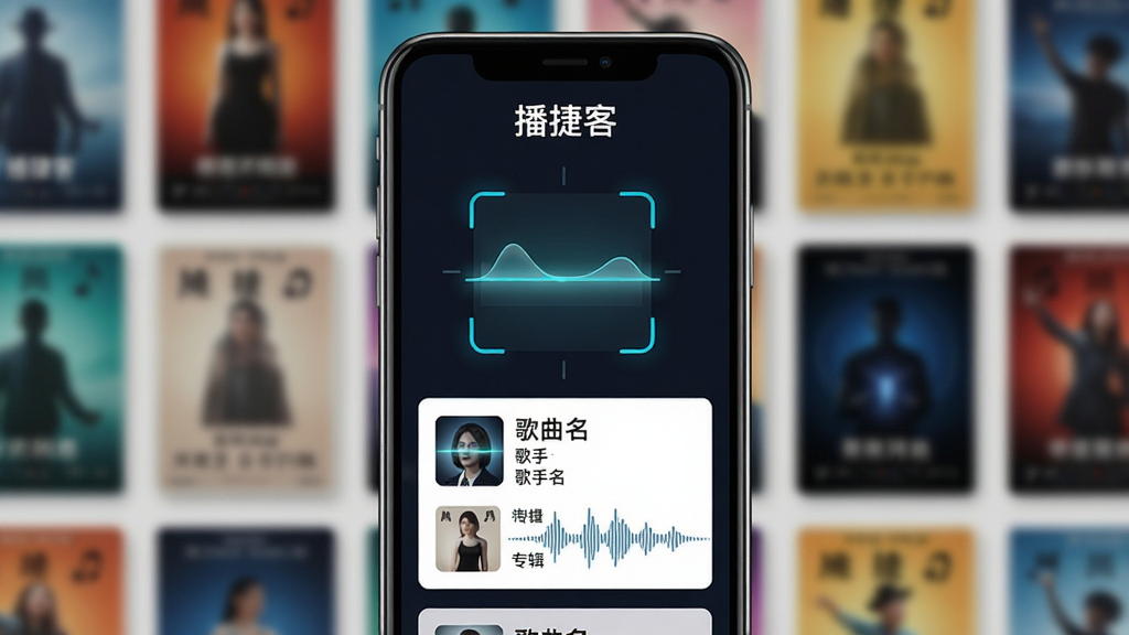 手机界面展示播捷客智能识别过程,屏幕中央出现扫描动画与匹配结果卡片,上方显示“播捷客”字样,卡片包含歌曲名、歌手、专辑信息,背景为模糊化的音乐海报墙,布局以纵向列表为主,风格科技感十足,细节呈现高精度波形图,画质清晰干净