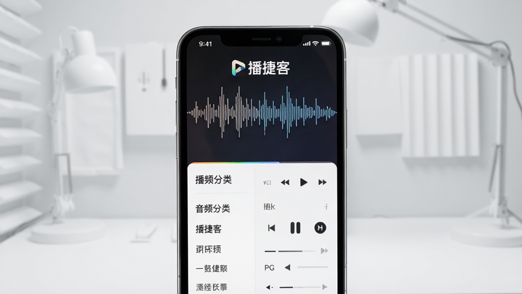 画面主体为智能手机屏幕展示播捷客主界面,背景是浅灰色工作室环境,界面中清晰显示“播捷客”品牌标识与音频波形动态壁纸,布局采用左右分栏设计,左侧为音频分类列表,右侧为播放控制面板,整体风格简约现代,细节呈现高清画质,画面干净无多余元素