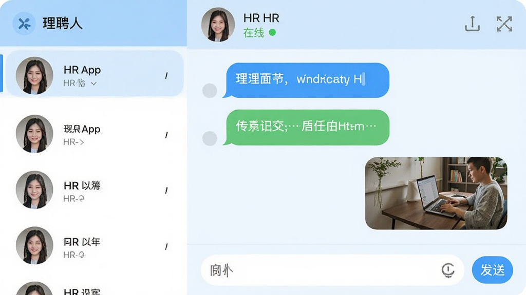 理聘App聊天界面,左侧显示联系人列表,右侧为对话窗口,对话气泡包含文字和图片,顶部显示HR头像和在线状态,底部为输入框和发送按钮,整体色调清爽,浅蓝背景,无多余元素
