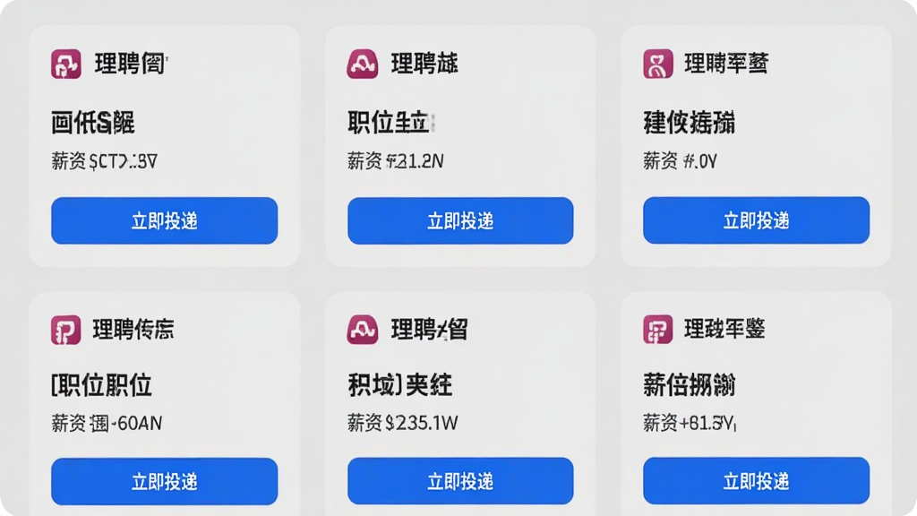 理聘App的职位推荐页面,展示多个职位卡片,每个卡片有公司名称、职位名称、薪资范围,背景为淡灰色,卡片之间有间距,蓝色按钮“立即投递”,界面整齐,高清画质,无多余元素