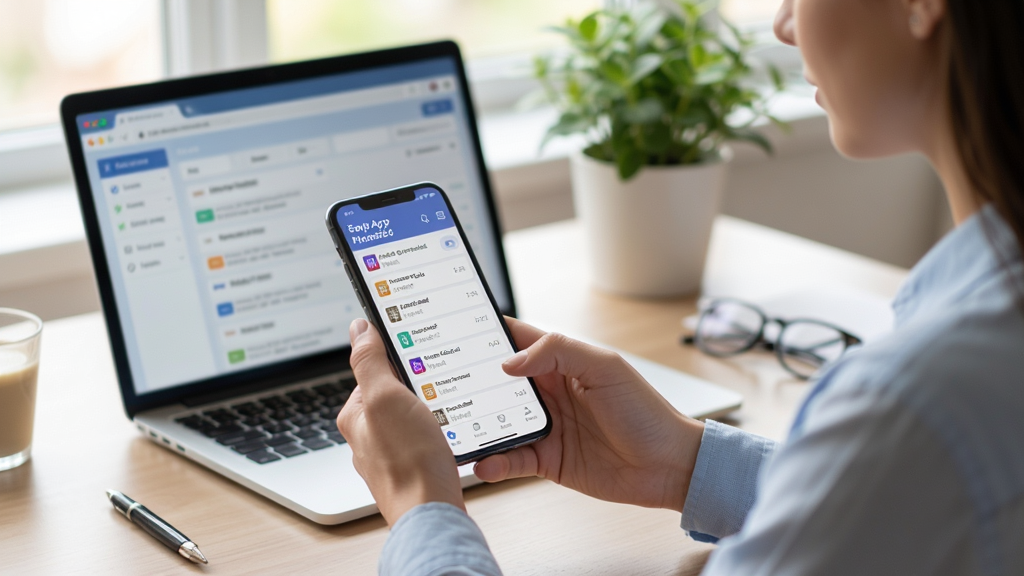 理聘App使用场景示意图,一位求职者坐在书桌前使用手机浏览职位,手机屏幕显示职位列表,背景有笔记本电脑和绿植,画面自然光,高清写实,无多余元素