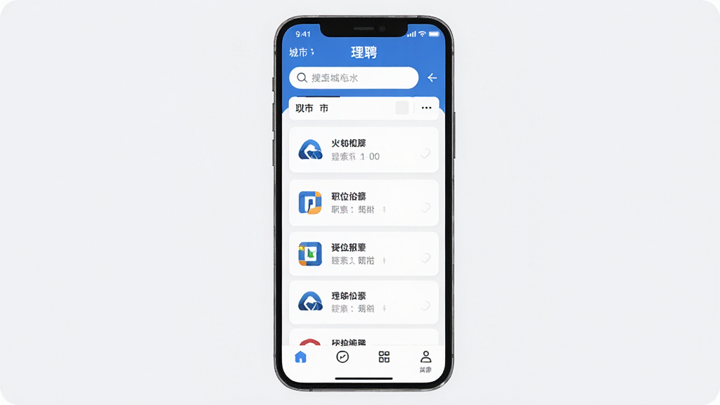 一张智能手机屏幕展示“理聘”App的主界面,顶部有搜索框和城市选择,中部为职位卡片列表,包含公司logo和职位名称,底部有导航栏,整体风格简洁现代,蓝色主题色,背景干净,高清渲染,无多余元素