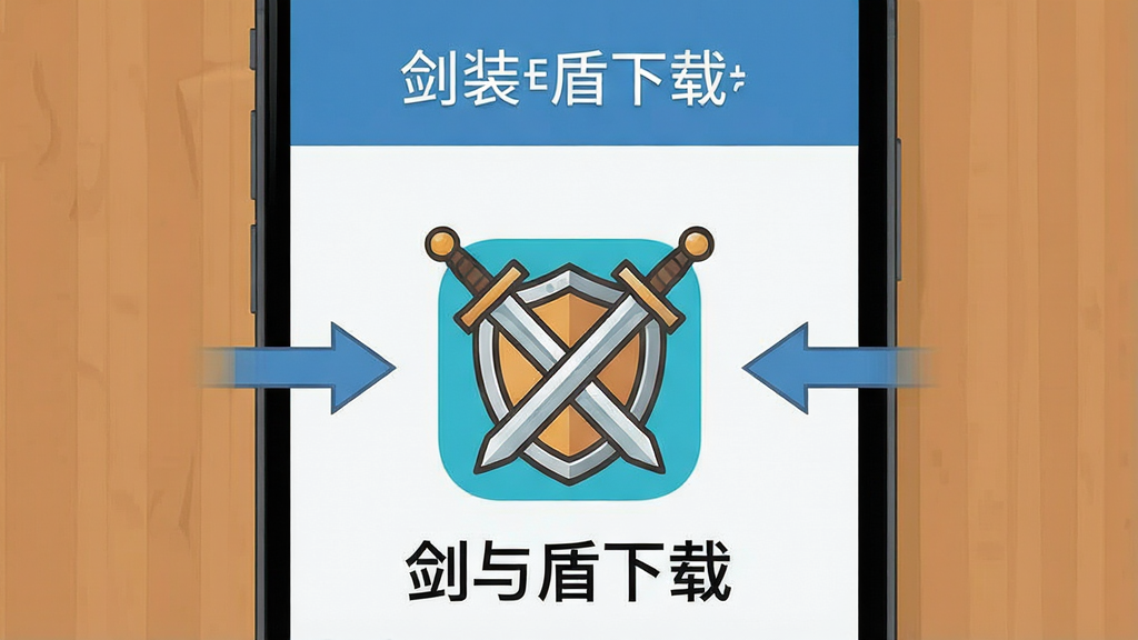 游戏安装教程步骤图,手机屏幕显示安装界面,桌面图标为盾牌与剑交叉样式,周围有操作箭头指示,界面简洁,扁平化风格,画质清晰,干净无多余元素,文字标注