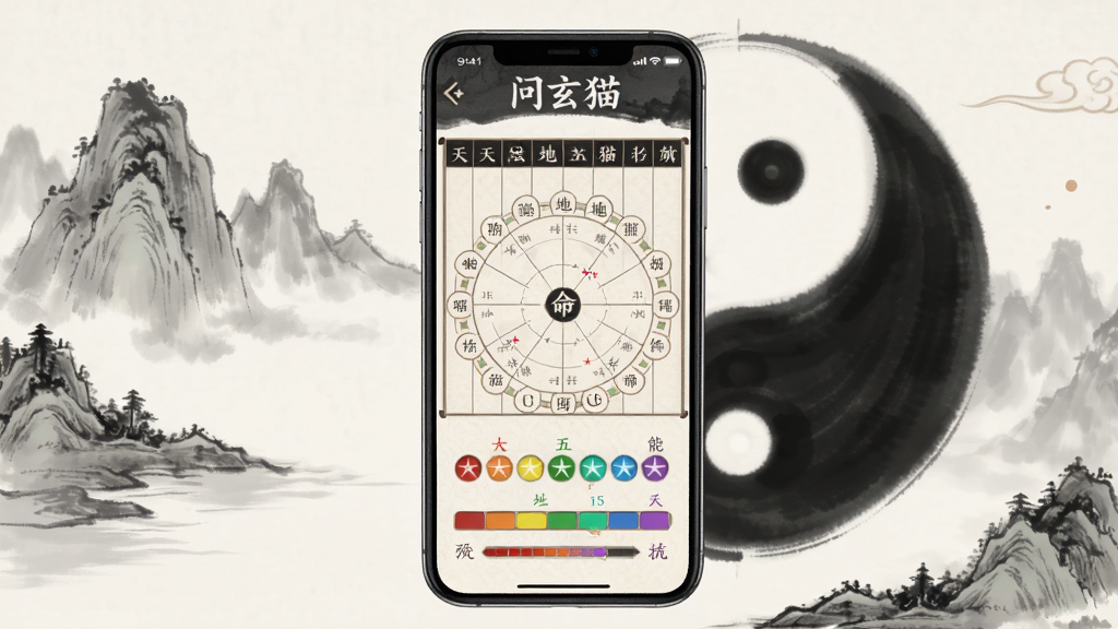 问玄猫应用八字排盘功能预览图,主体为手机界面展示的命盘表格与五行能量条,布局中央对称,顶部有软件名称“问玄猫”字样,背景辅以水墨山水与太极图案,采用古风UI设计风格,细节呈现天干地支的清晰排版与彩色五行标识,画质精细干净,无多余杂乱元素
