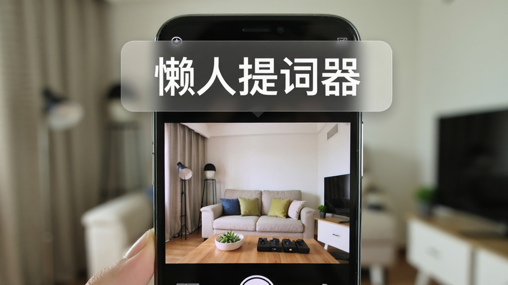 懒人提词器悬浮窗功能演示,手机屏幕上方悬浮半透明提词条,下方为相机拍摄画面,背景为室内拍摄场景,界面布局清晰,画质干净,突出软件名称
