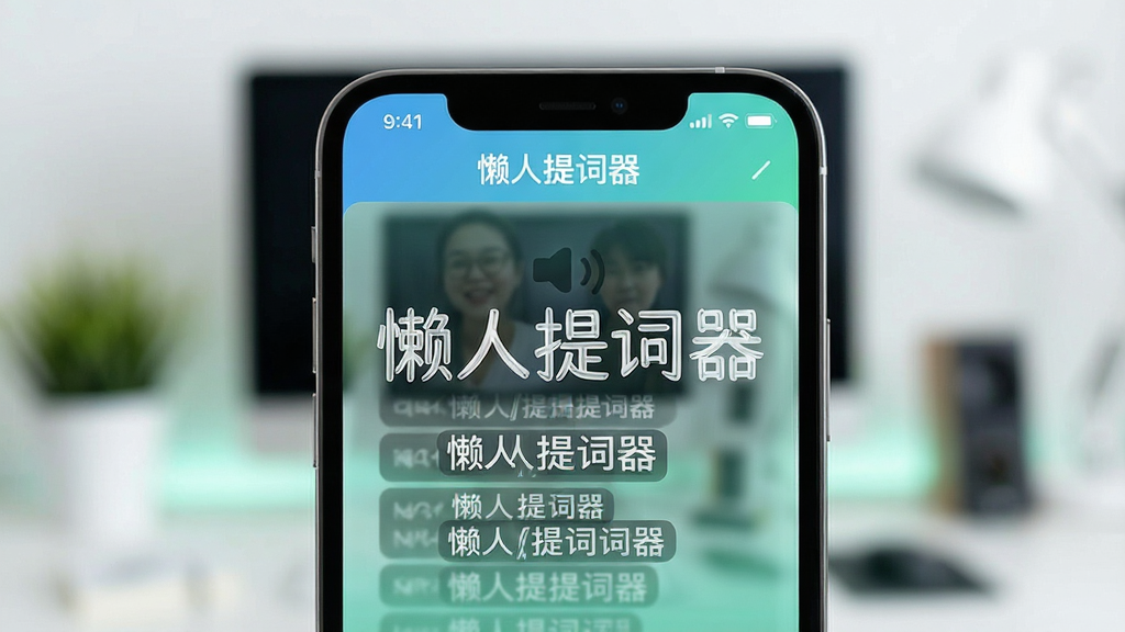 懒人提词器主界面预览图,手机屏幕显示提词滚动字幕,背景虚化,界面简洁现代,色调清新,突出软件名称